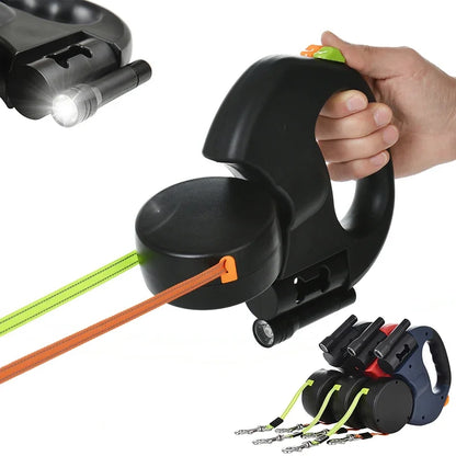 Smart dual retractable dog leash with LED light / No-tangle & reflective design