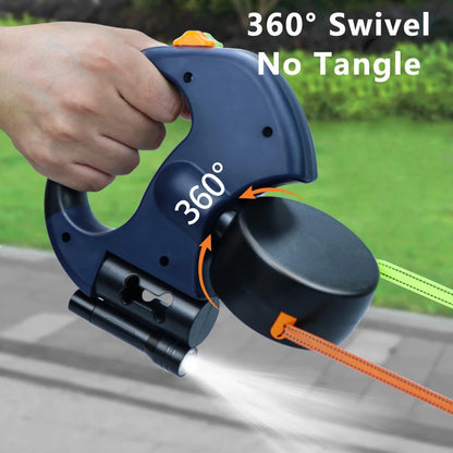 Smart dual retractable dog leash with LED light / No-tangle & reflective design