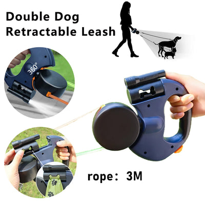 Smart dual retractable dog leash with LED light / No-tangle & reflective design
